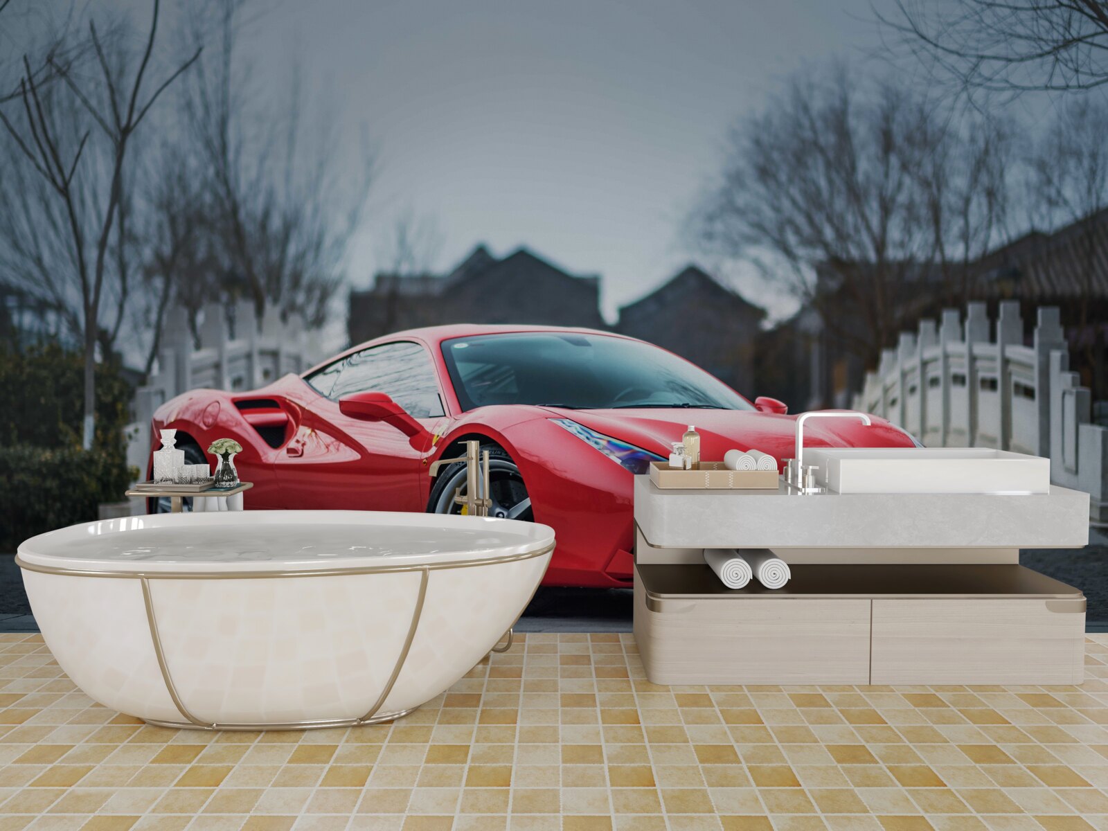 Fototapeta nádherné šarlátové červené ferrari v daždivom počasí