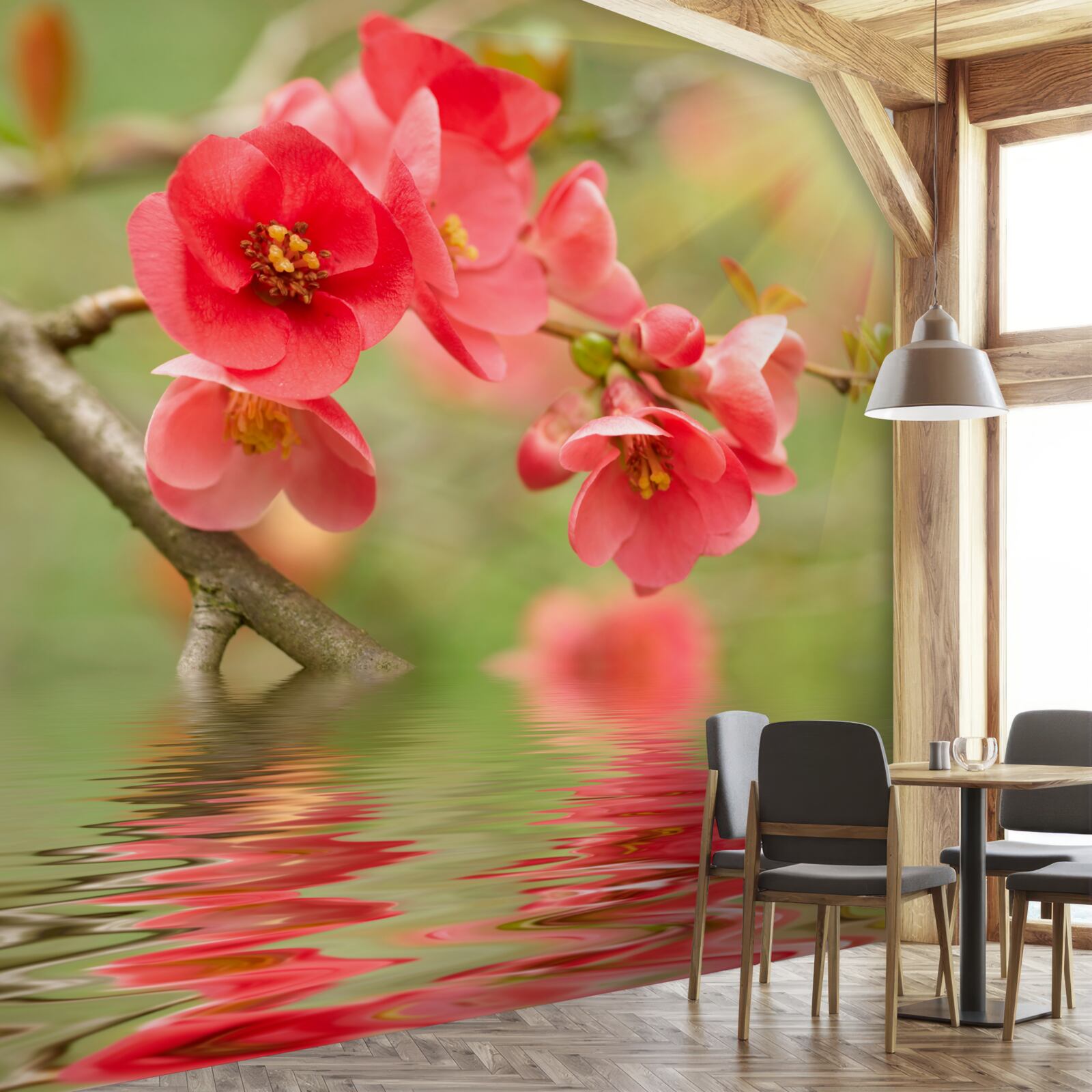 Fototapeta šarlátové kvety sakury vzpery pri vode posledného dňa