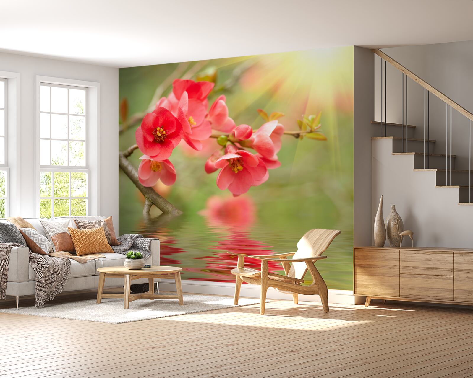 Fototapeta šarlátové kvety sakury vzpery pri vode posledného dňa