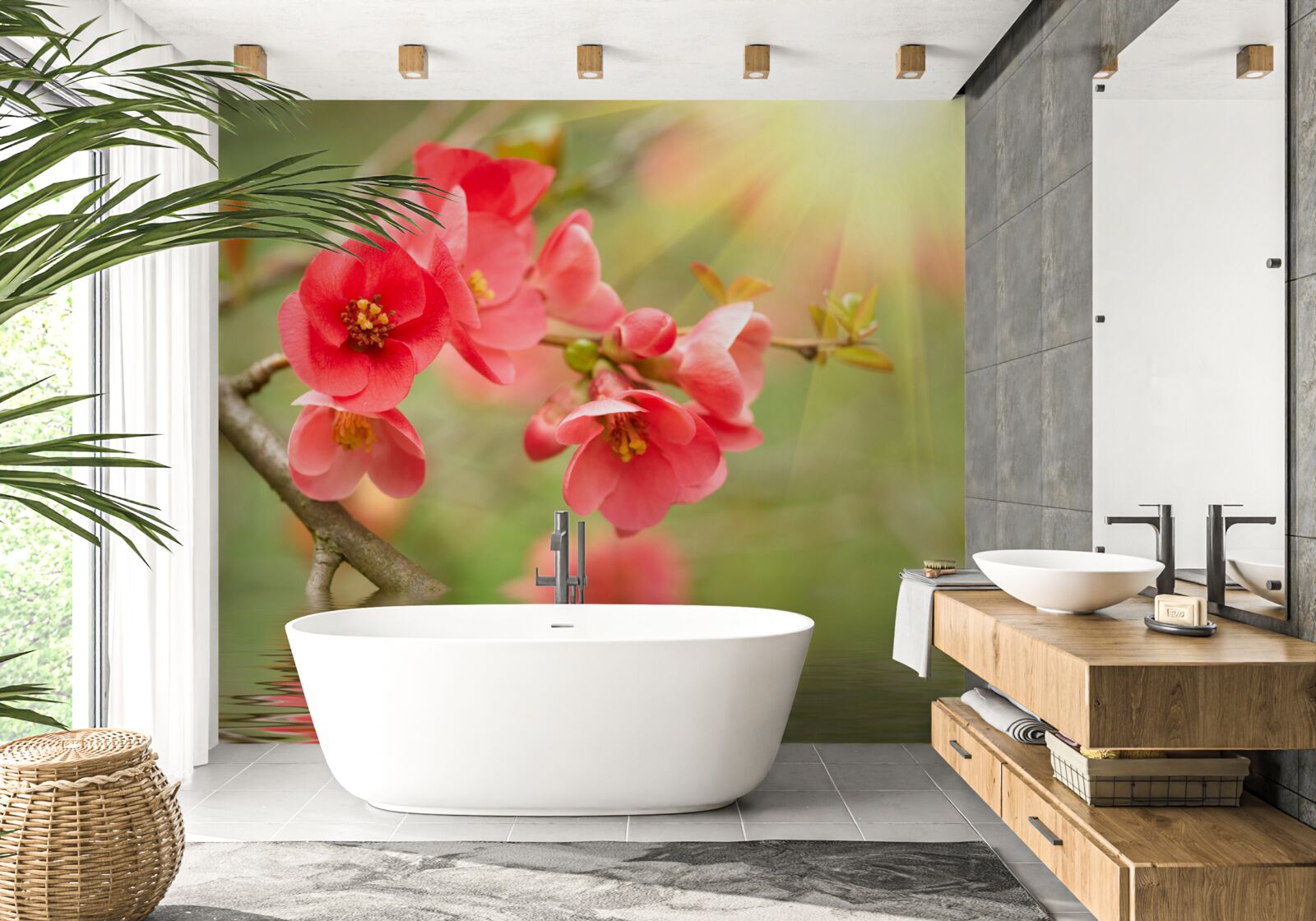 Fototapeta šarlátové kvety sakury vzpery pri vode posledného dňa