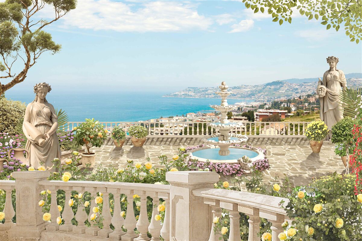 Fototapeta kamenná vyhliadka plošina s fontánou a výhľadom na oceán