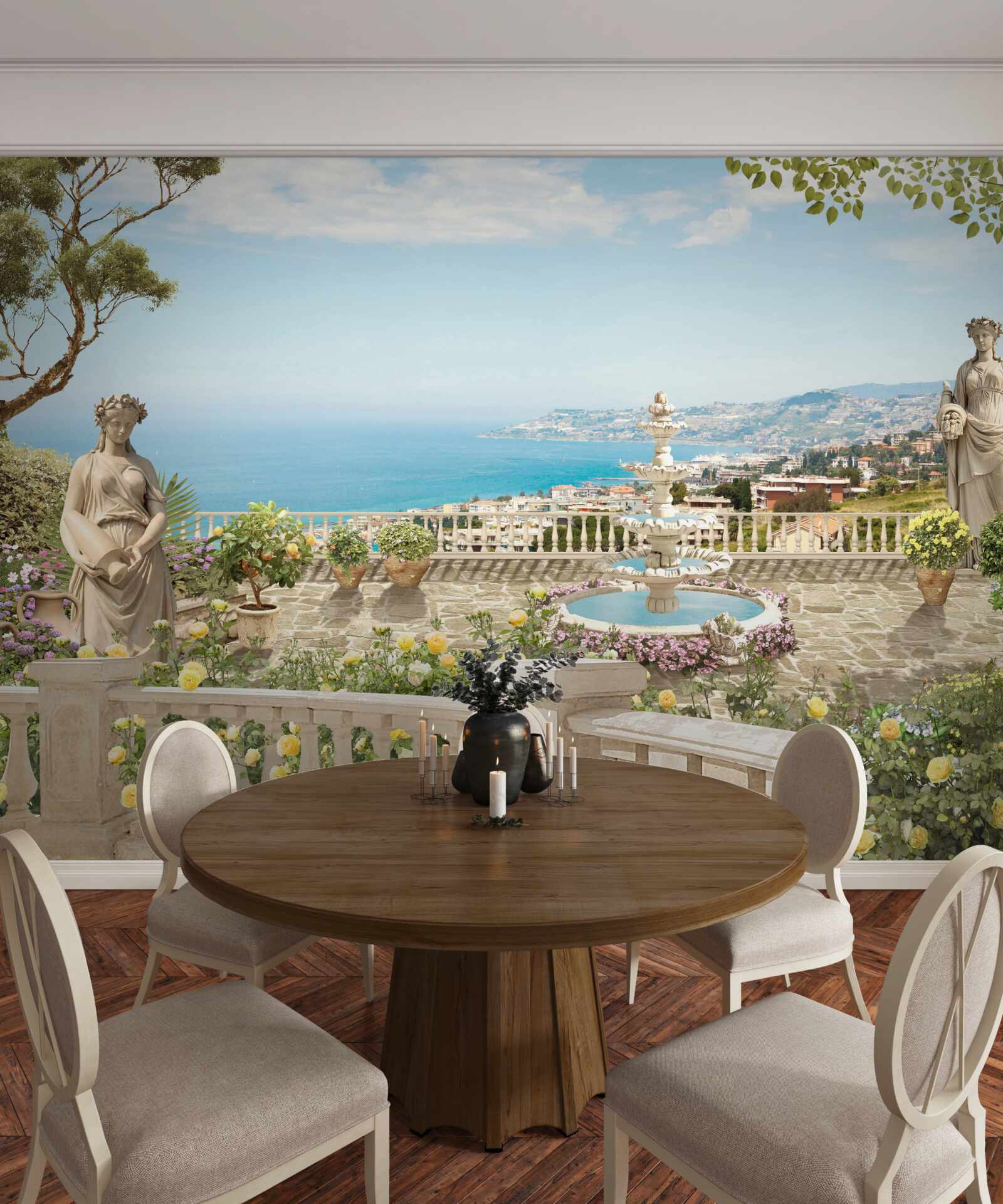 Fototapeta kamenná vyhliadka plošina s fontánou a výhľadom na oceán