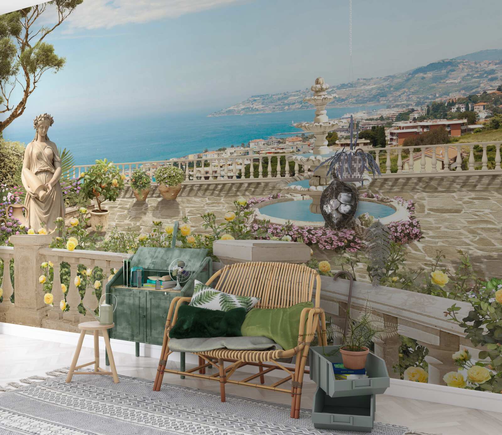 Fototapeta kamenná vyhliadka plošina s fontánou a výhľadom na oceán