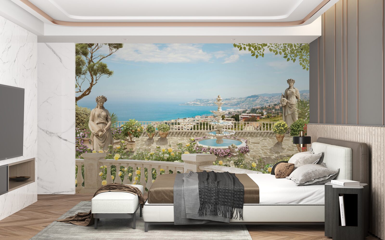 Fototapeta kamenná vyhliadka plošina s fontánou a výhľadom na oceán