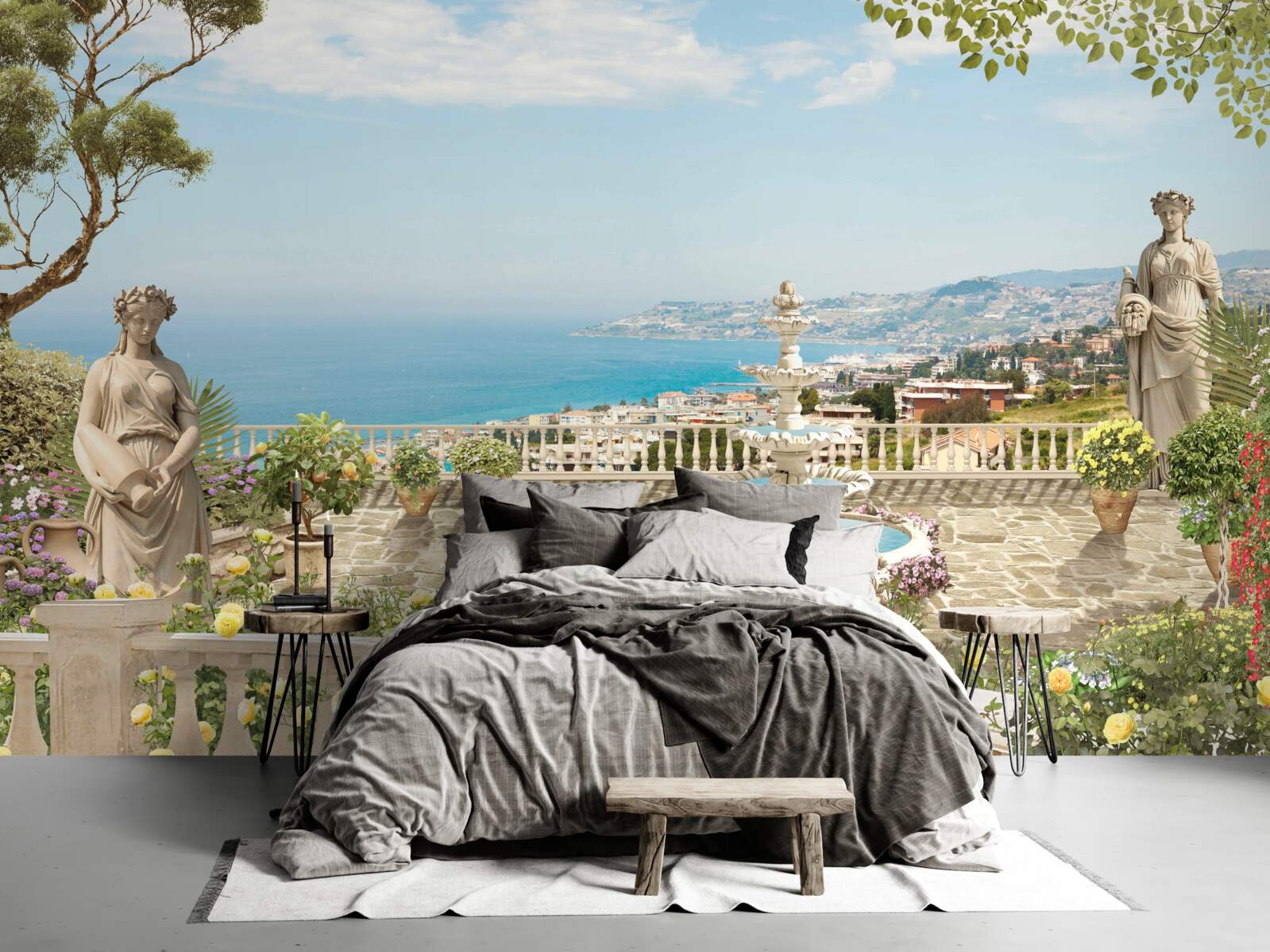 Fototapeta kamenná vyhliadka plošina s fontánou a výhľadom na oceán