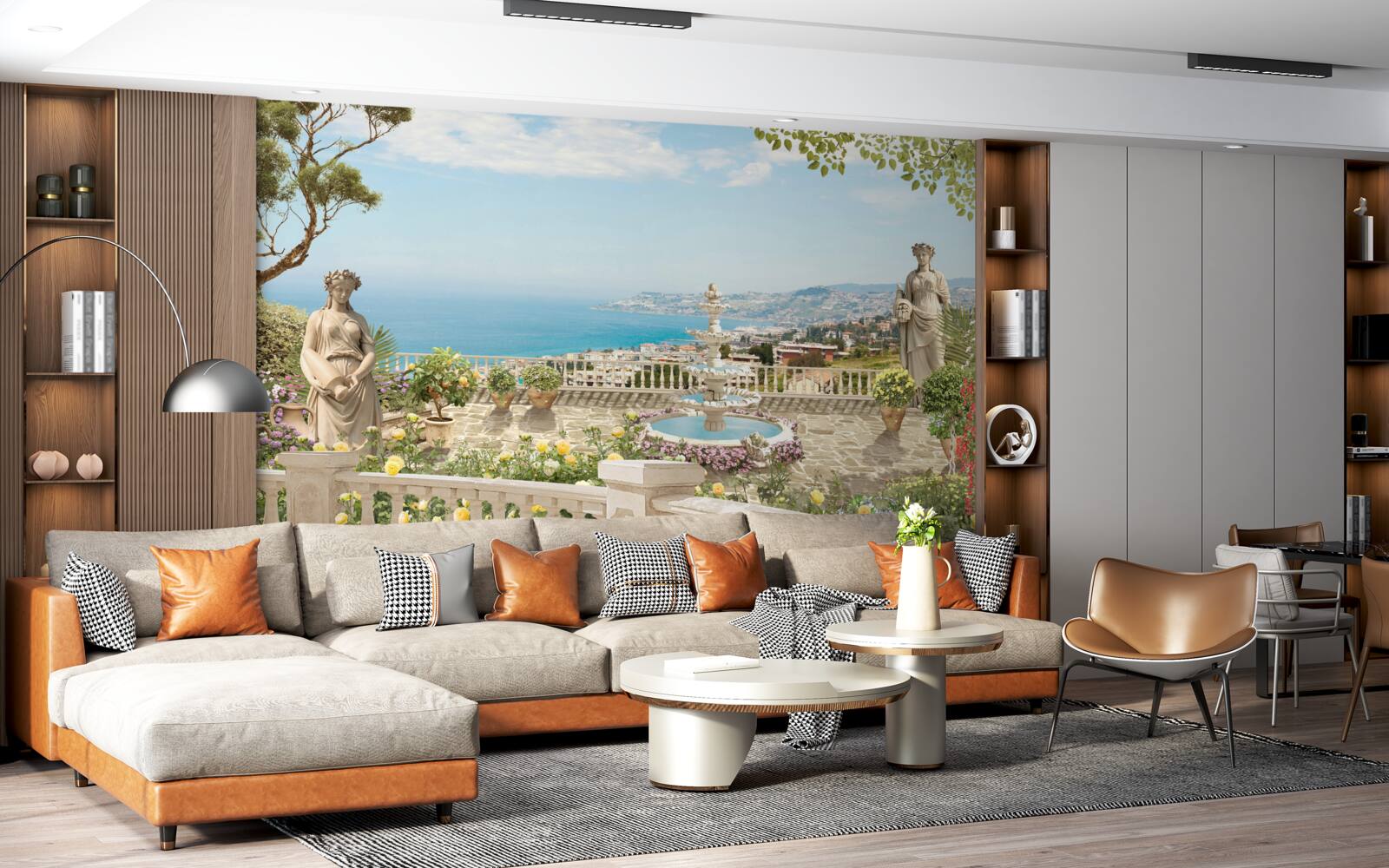 Fototapeta kamenná vyhliadka plošina s fontánou a výhľadom na oceán