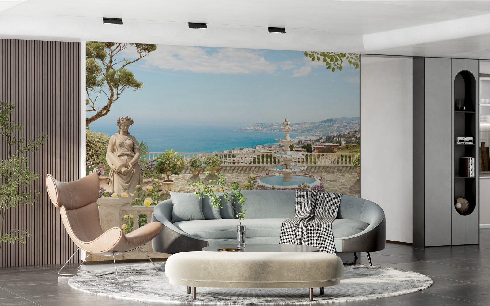 Fototapeta kamenná vyhliadka plošina s fontánou a výhľadom na oceán