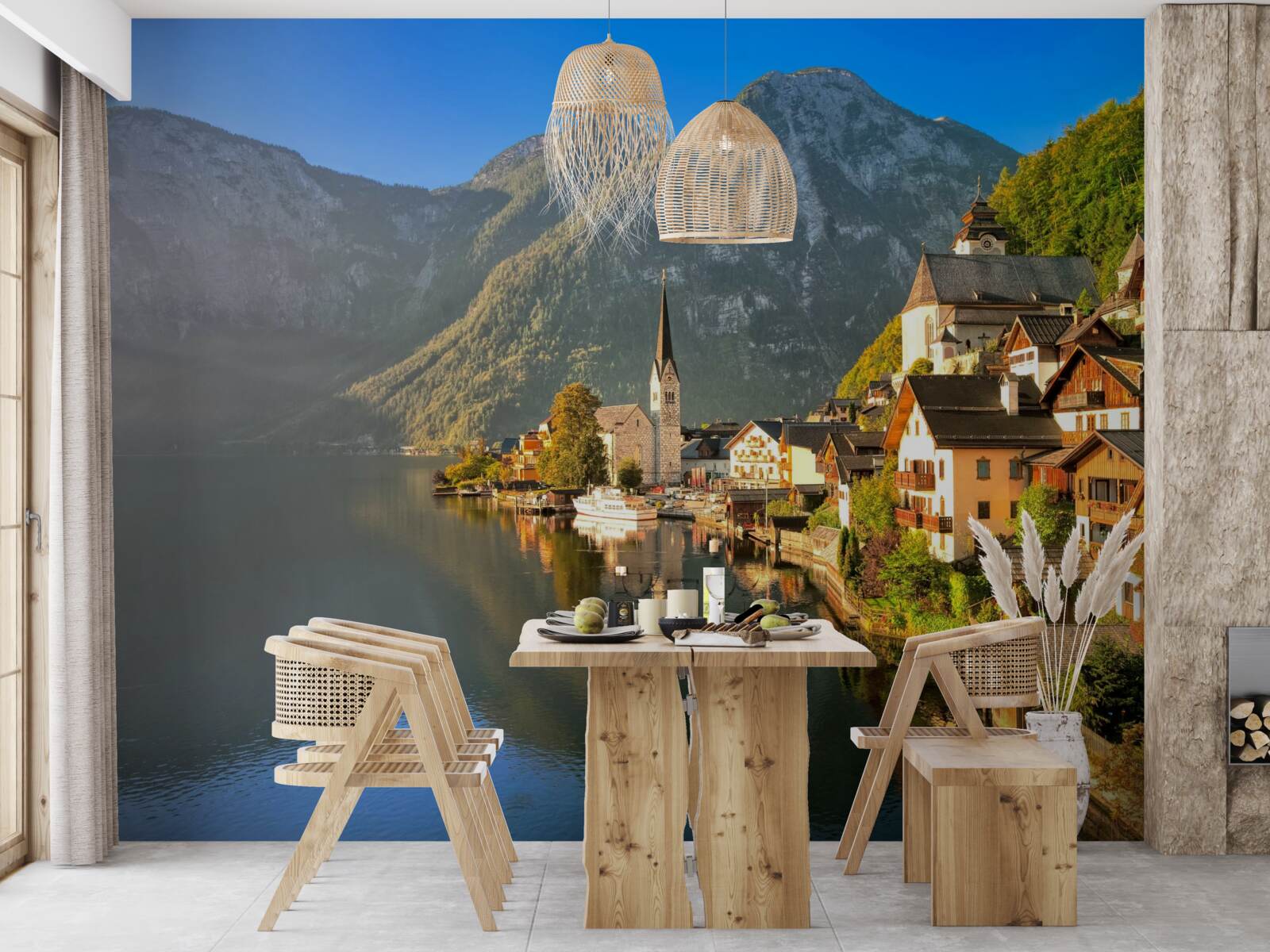 Fototapeta dedinka vo Švajčiarsku obklopená rybníkmi a horami