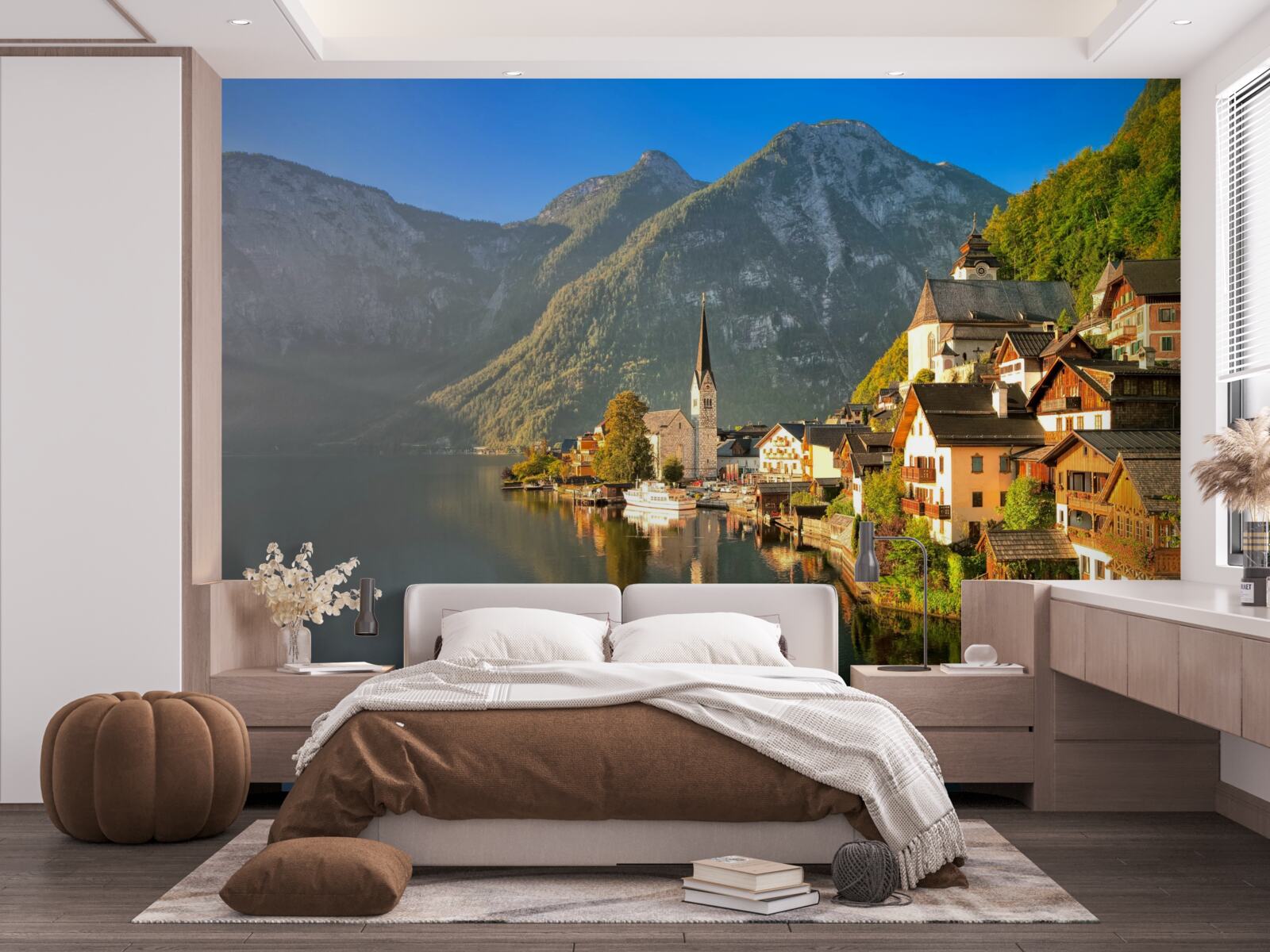 Fototapeta dedinka vo Švajčiarsku obklopená rybníkmi a horami