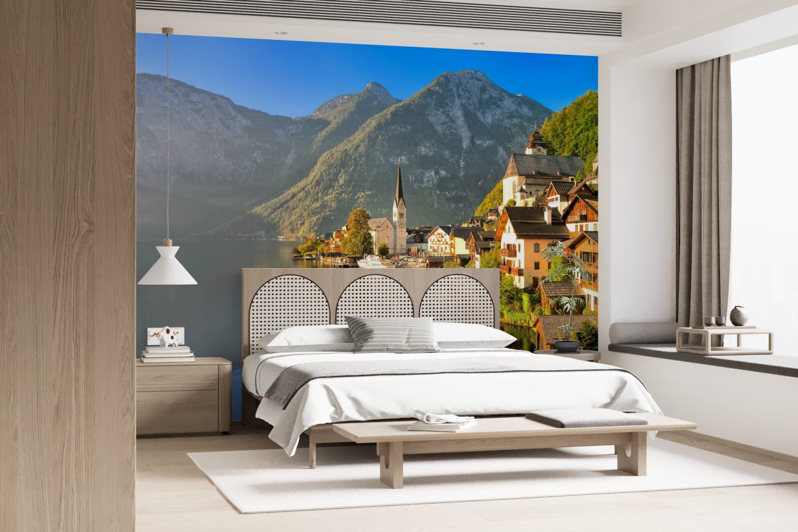 Fototapeta dedinka vo Švajčiarsku obklopená rybníkmi a horami