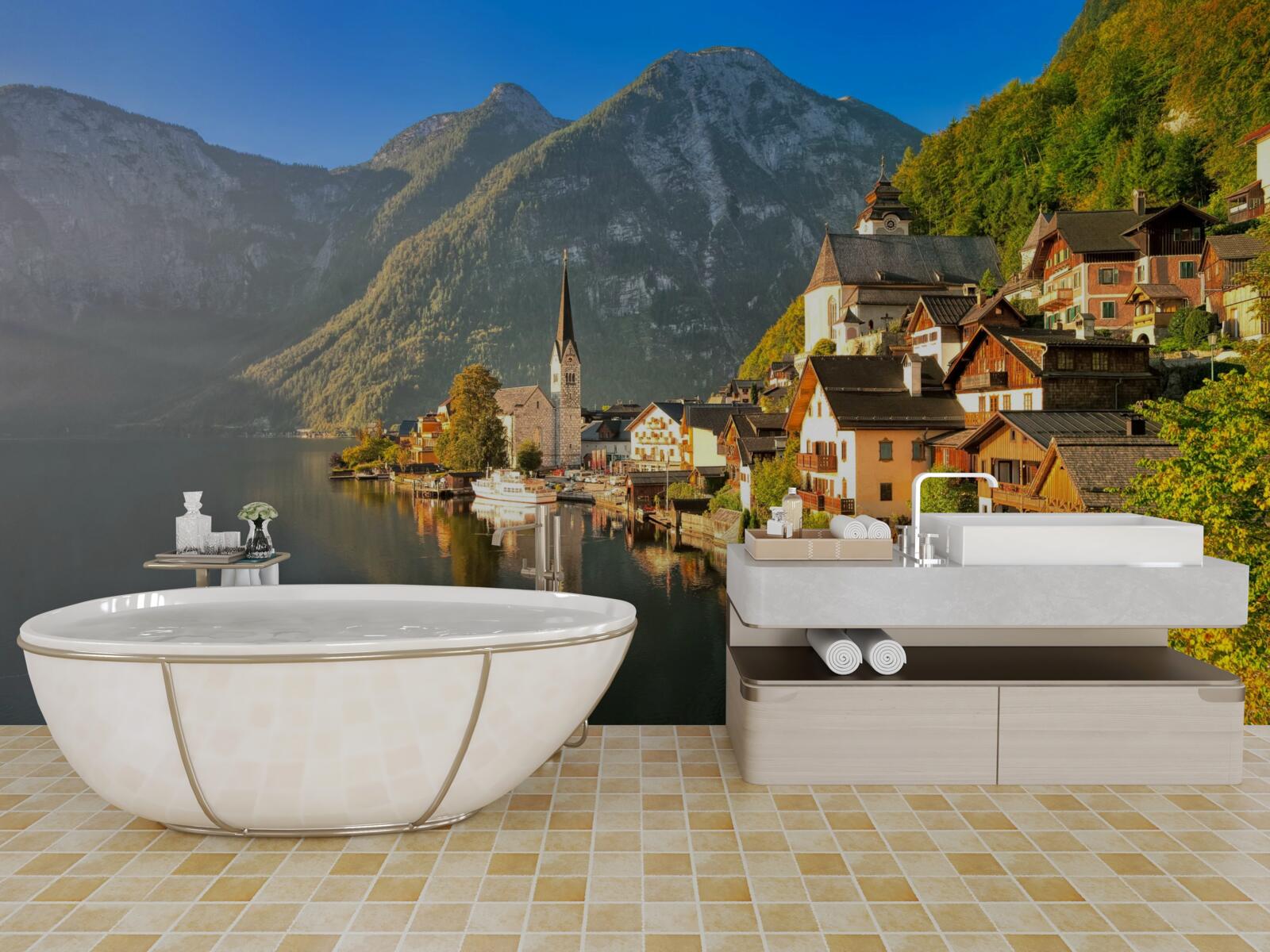 Fototapeta dedinka vo Švajčiarsku obklopená rybníkmi a horami