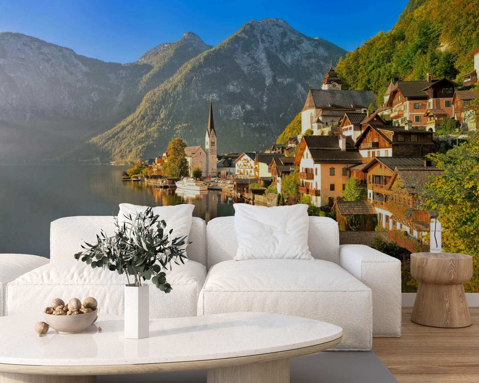 Fototapeta dedinka vo Švajčiarsku obklopená rybníkmi a horami