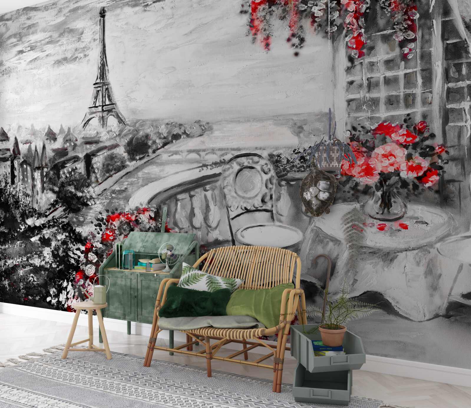 Fototapeta útulná kaviareň na verande s výhľadom na Eiffelovu vežu