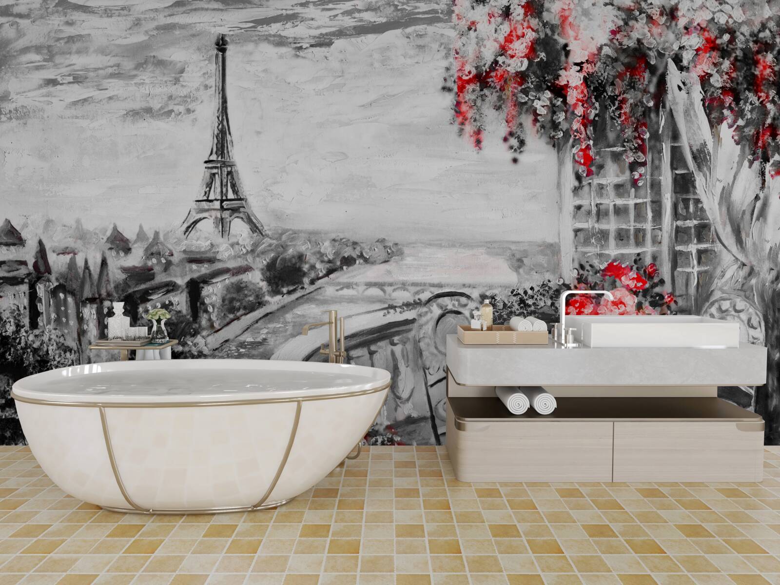 Fototapeta útulná kaviareň na verande s výhľadom na Eiffelovu vežu