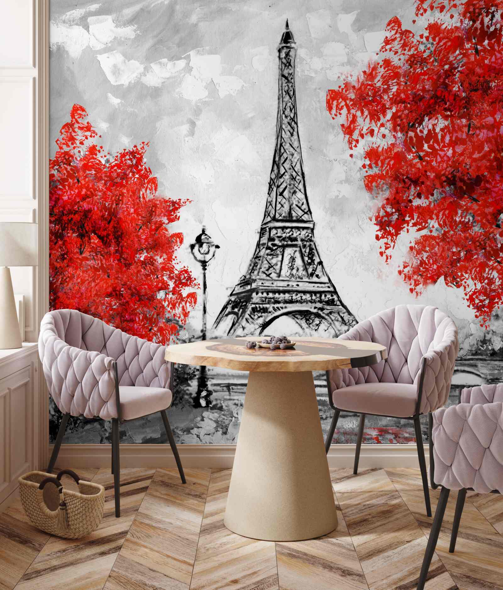 Fototapeta strmé s obrovskými červenými listami v blízkosti parížskej veže