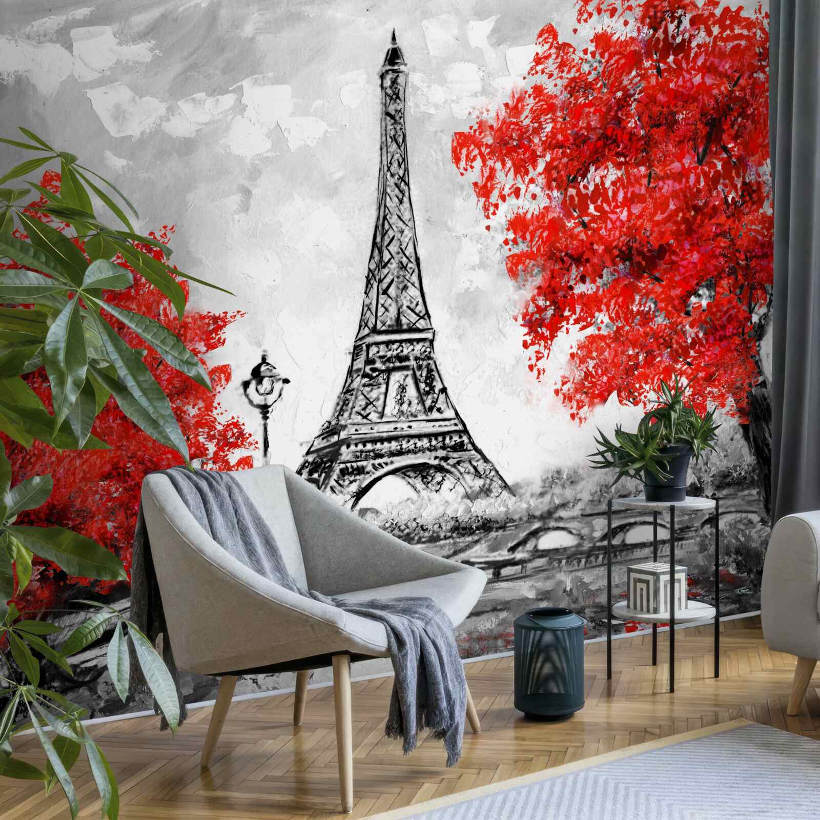 Fototapeta strmé s obrovskými červenými listami v blízkosti parížskej veže