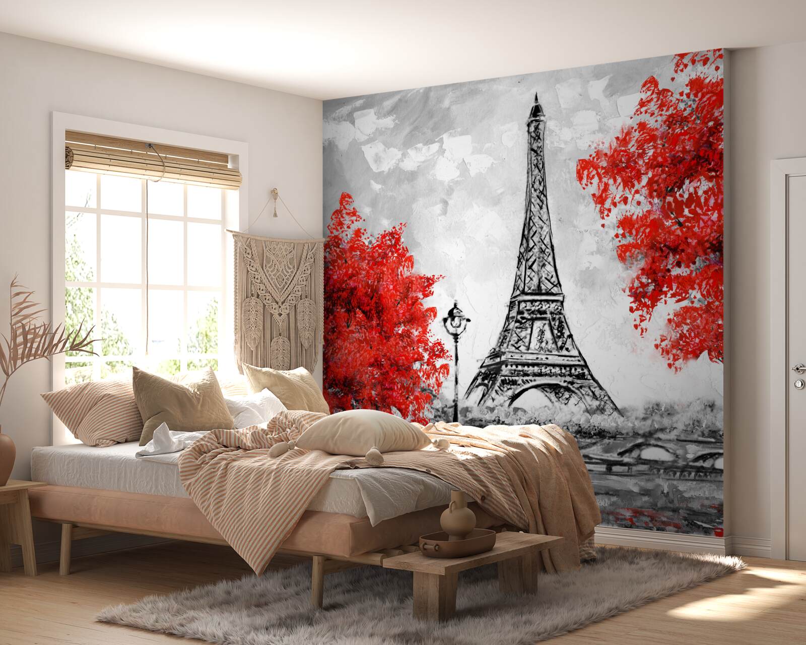 Fototapeta strmé s obrovskými červenými listami v blízkosti parížskej veže