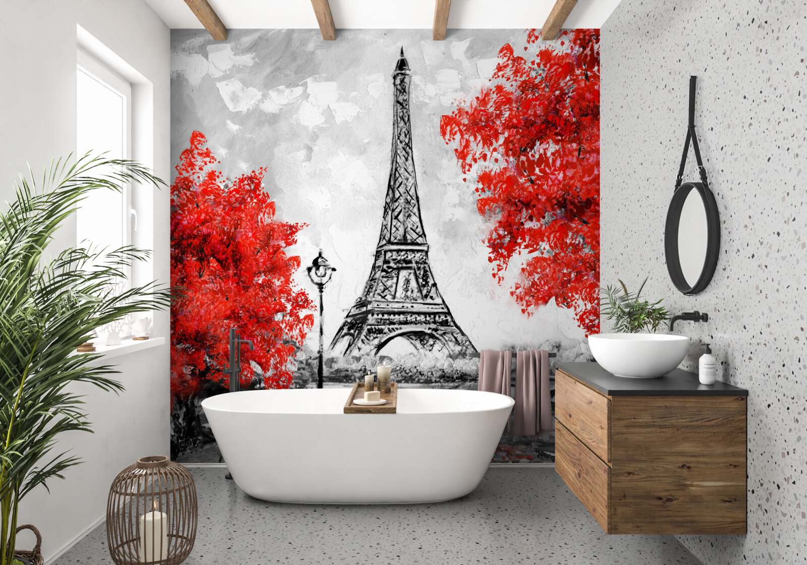 Fototapeta strmé s obrovskými červenými listami v blízkosti parížskej veže