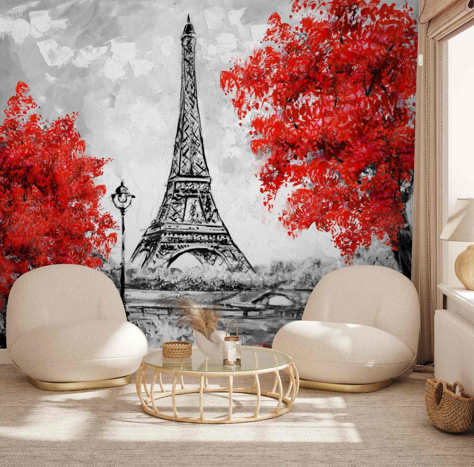 Fototapeta strmé s obrovskými červenými listami v blízkosti parížskej veže