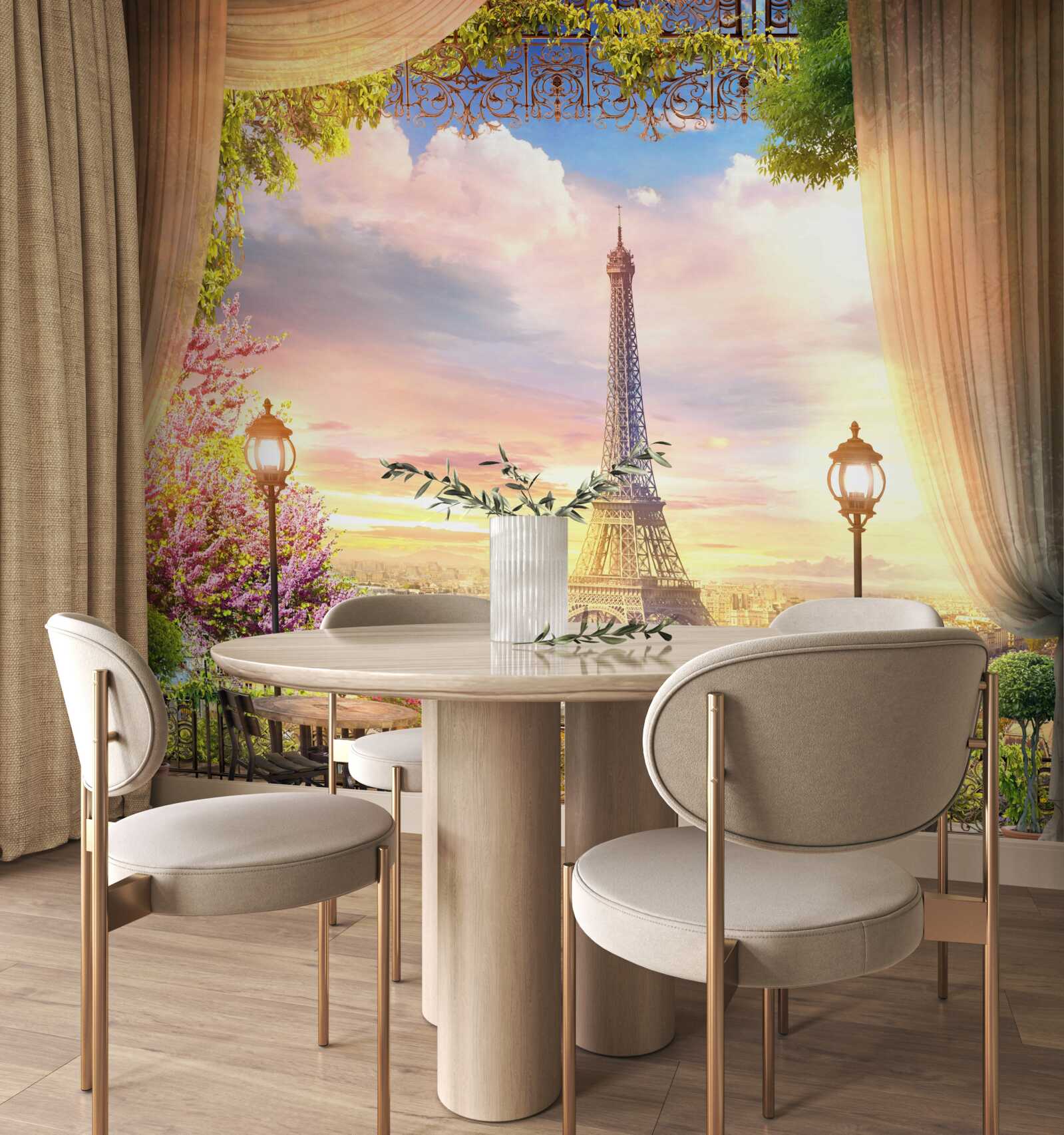 Fototapeta konferenčné stolíky s výhľadom na Eiffelovu vežu vytvárajú útulnú atmosféru