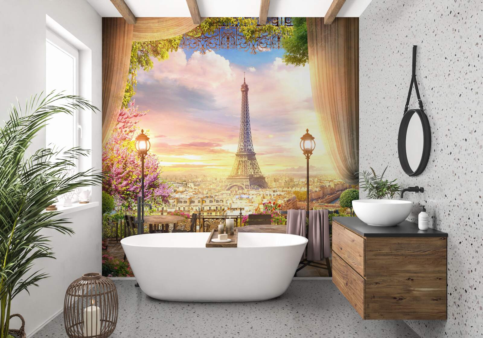 Fototapeta konferenčné stolíky s výhľadom na Eiffelovu vežu vytvárajú útulnú atmosféru