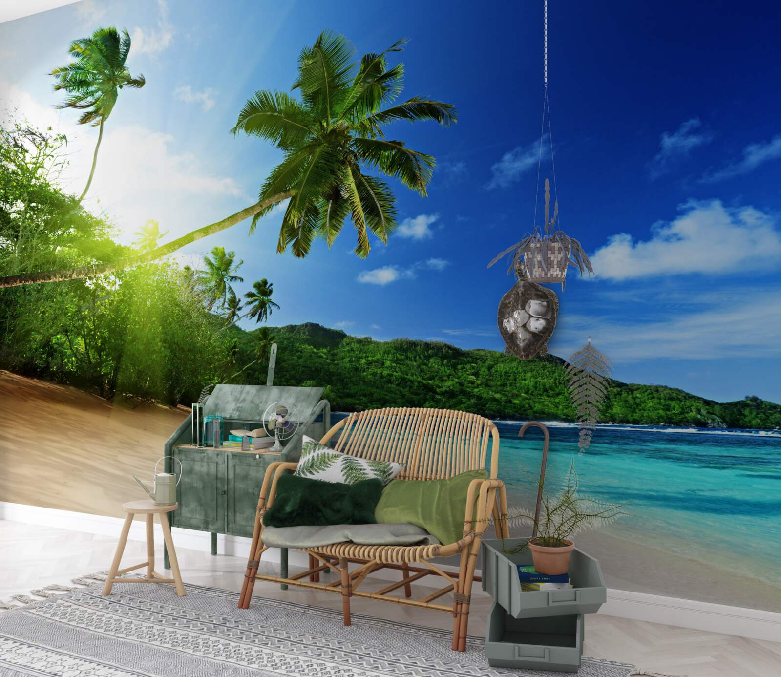 Fototapeta lúče vychádzajúceho slnka osvetľujú tropické pobrežie