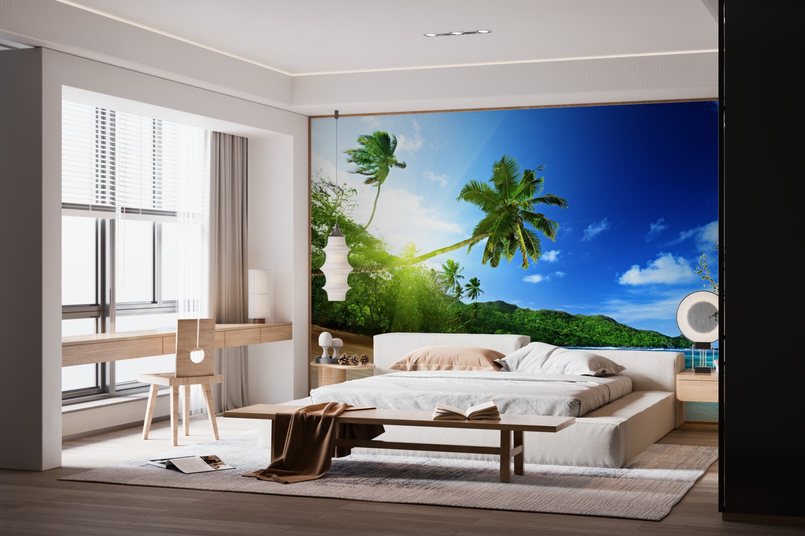 Fototapeta lúče vychádzajúceho slnka osvetľujú tropické pobrežie