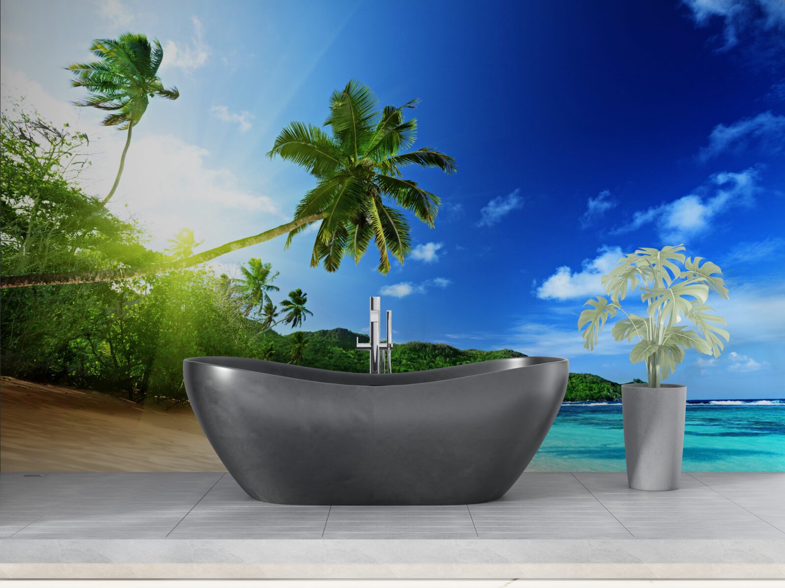 Fototapeta lúče vychádzajúceho slnka osvetľujú tropické pobrežie