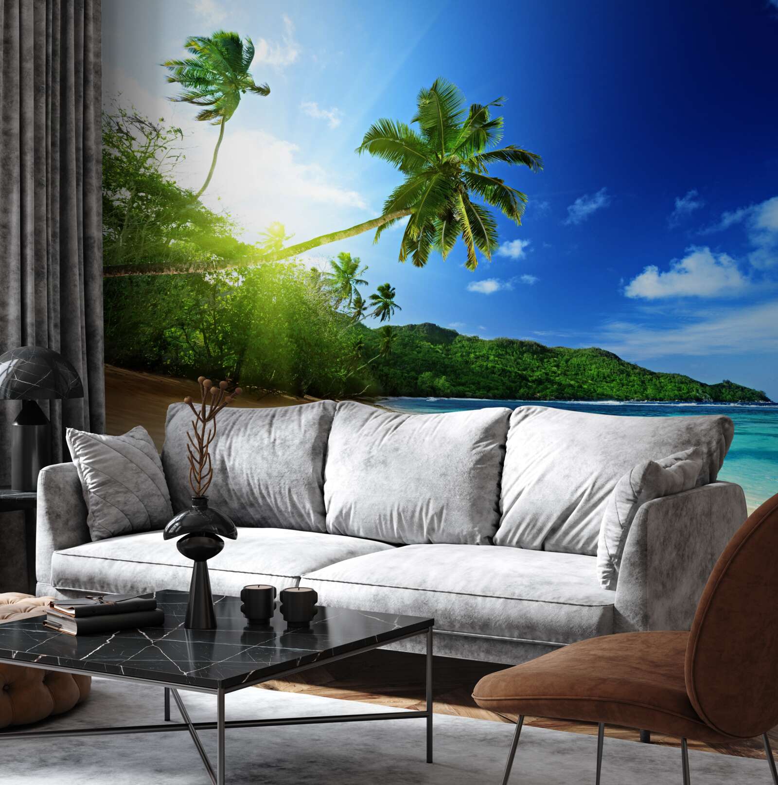 Fototapeta lúče vychádzajúceho slnka osvetľujú tropické pobrežie