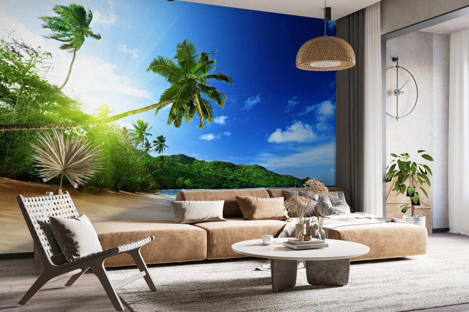 Fototapeta lúče vychádzajúceho slnka osvetľujú tropické pobrežie