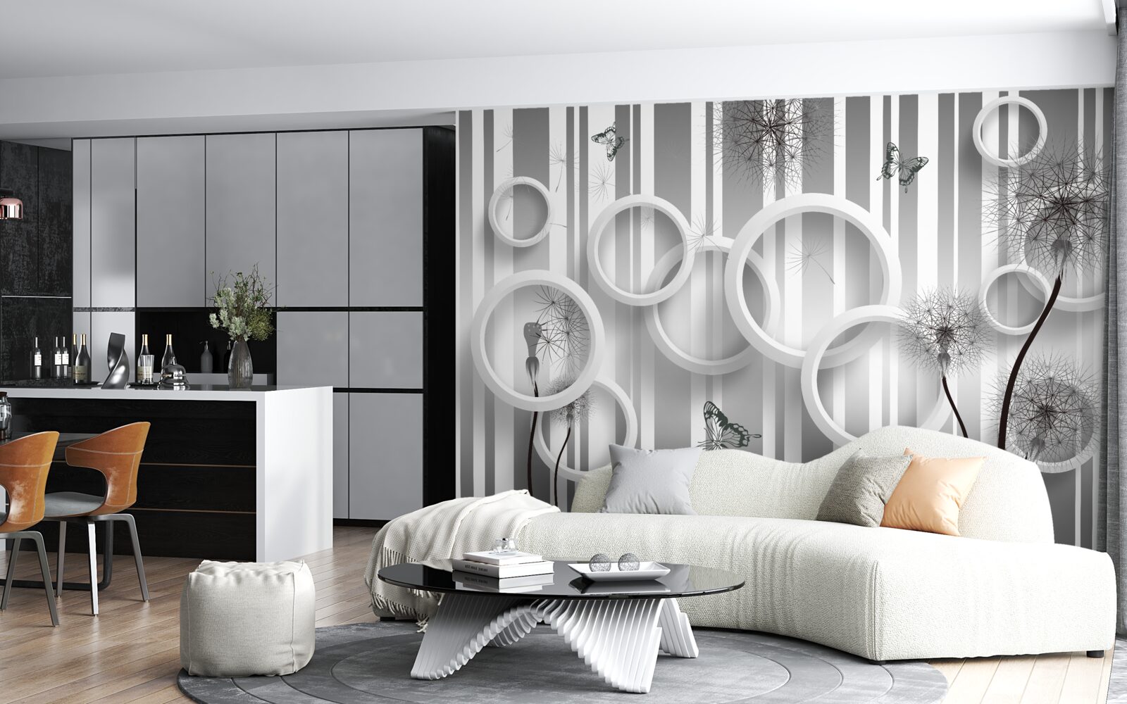 Fototapeta abstrakcia bielych kruhov s púpavami