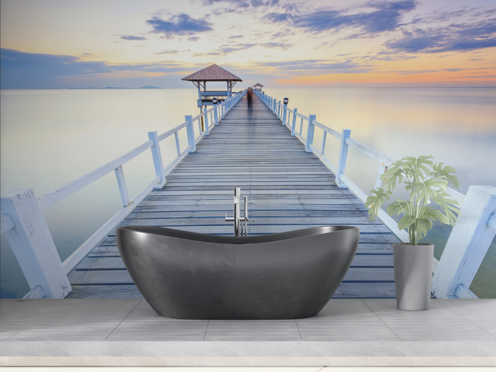 Fototapeta mólo s altánkom nad vodou za úsvitom, ktoré už videlo veľa