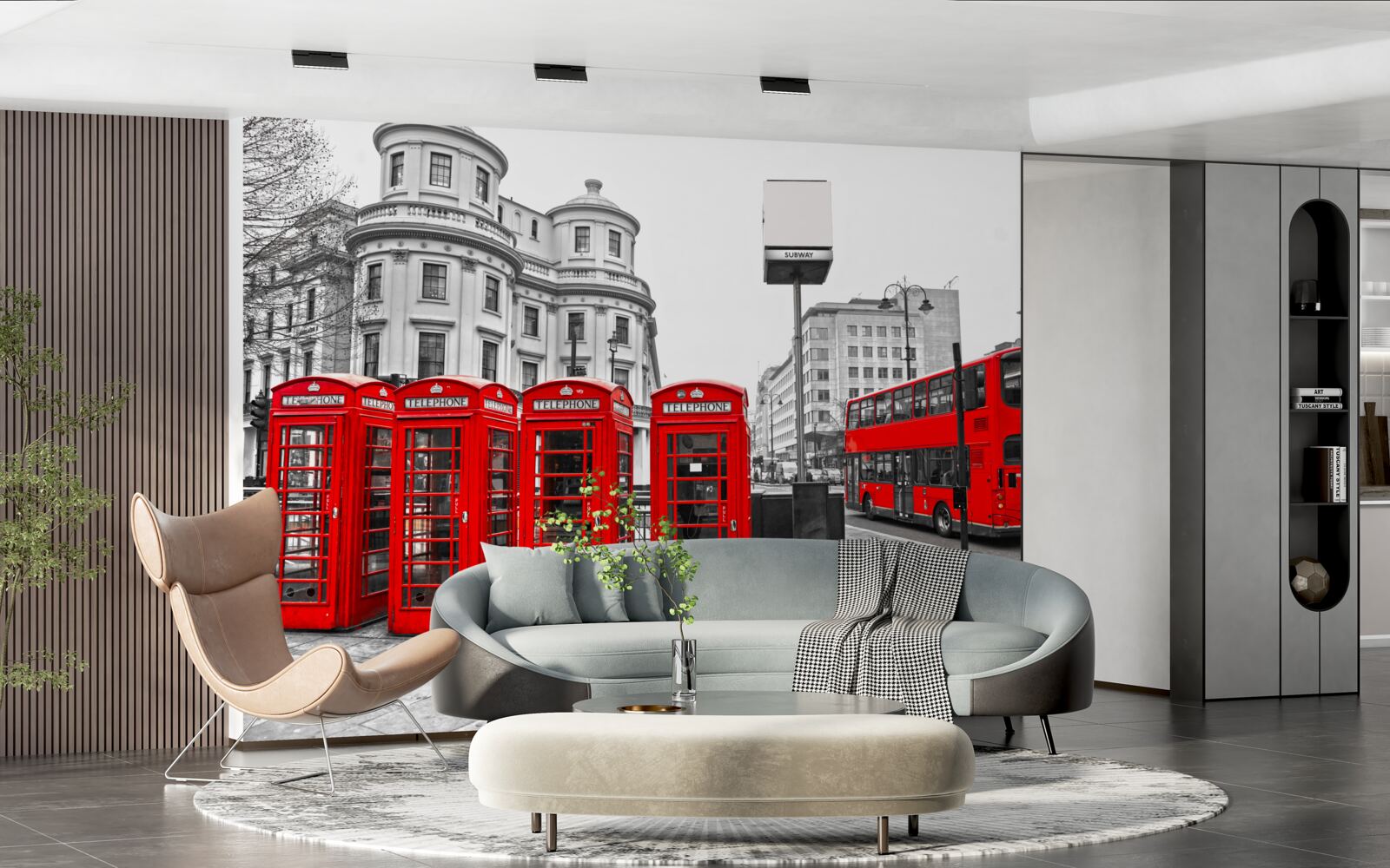 Fototapeta v sivom meste sú červené busy a telefónne búdky