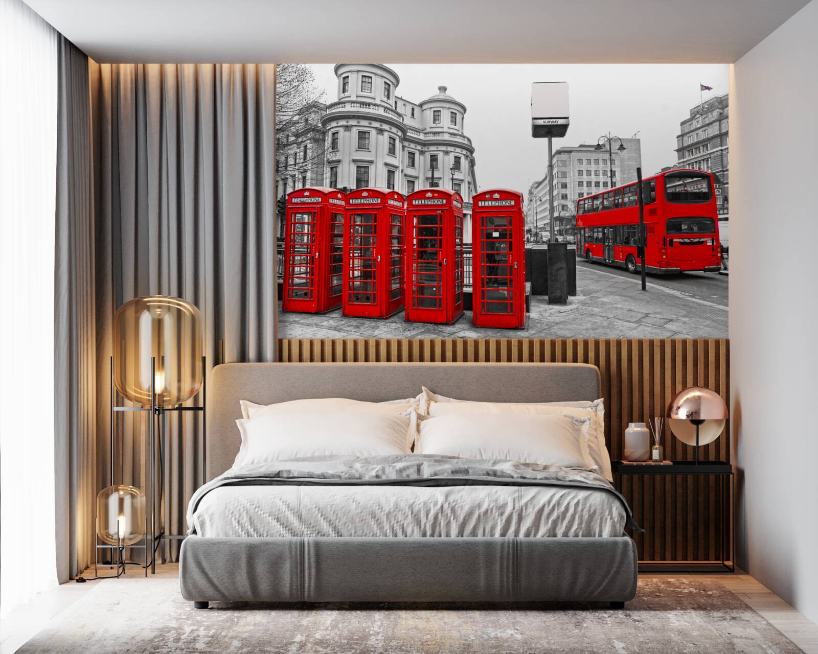 Fototapeta v sivom meste sú červené busy a telefónne búdky