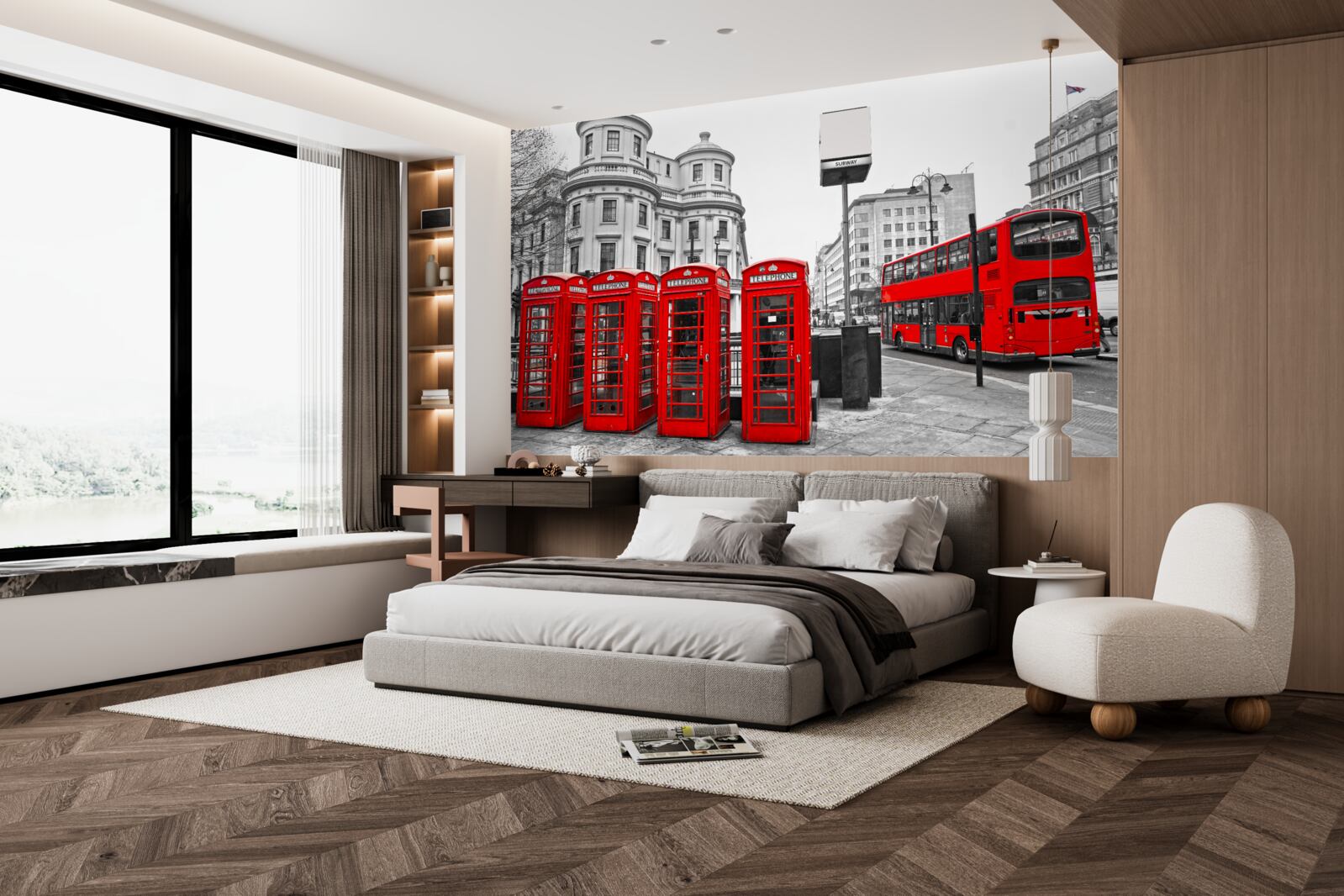 Fototapeta v sivom meste sú červené busy a telefónne búdky