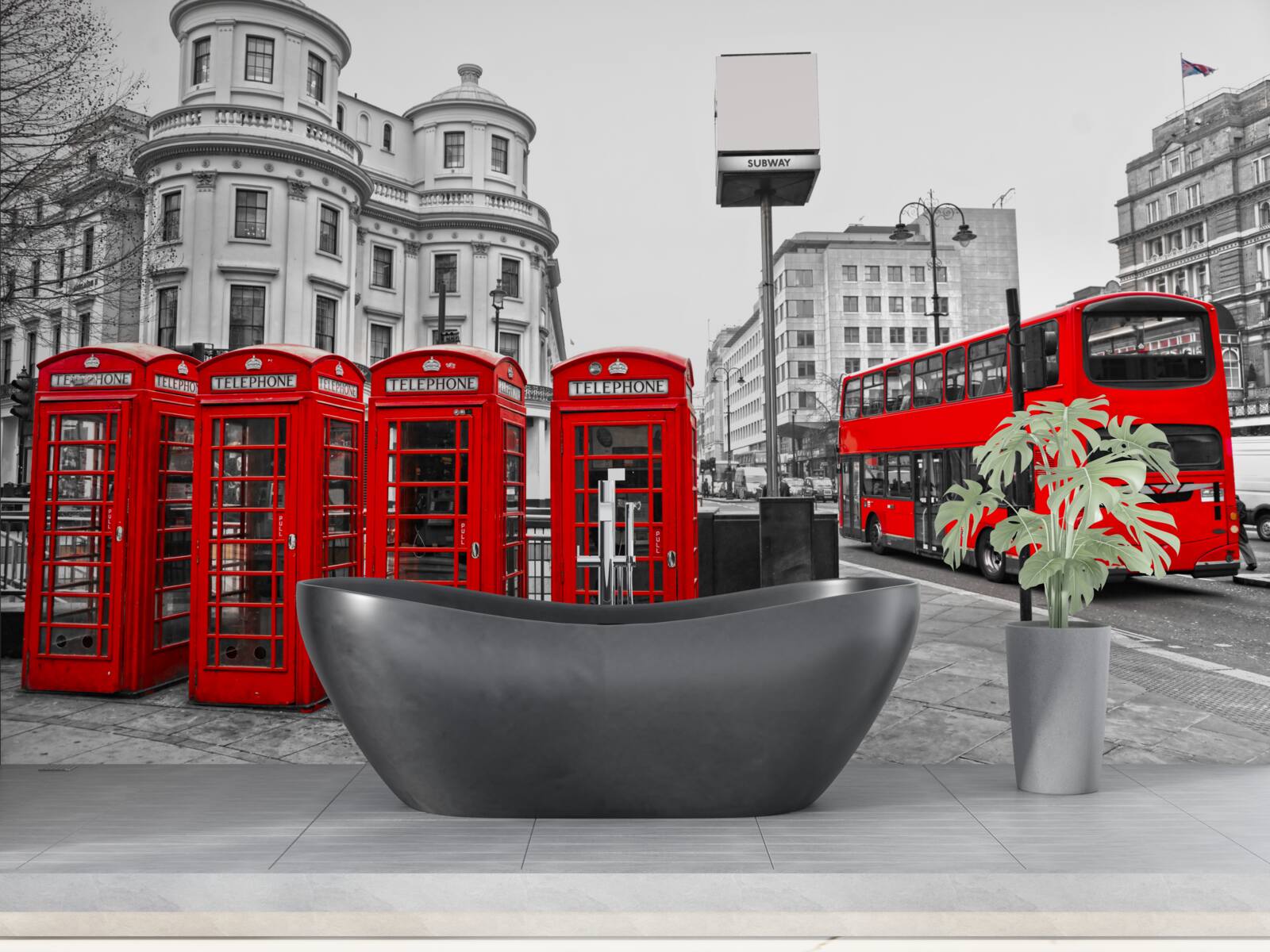 Fototapeta v sivom meste sú červené busy a telefónne búdky
