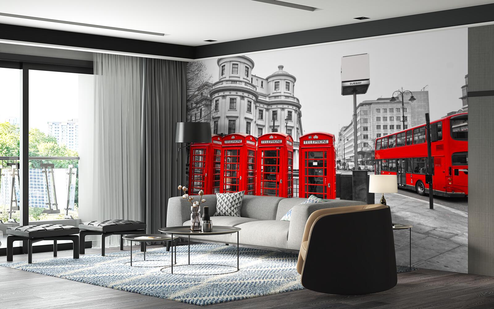 Fototapeta v sivom meste sú červené busy a telefónne búdky
