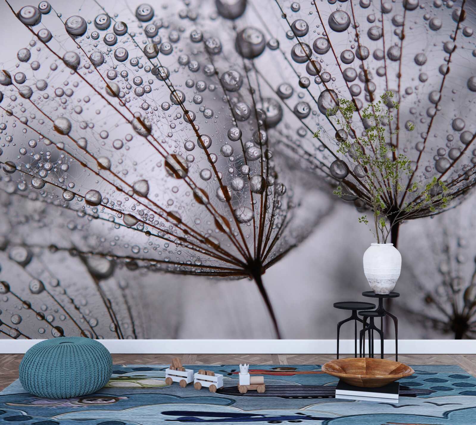 Fototapeta kvapky rosy zostali na kvetoch púpavy