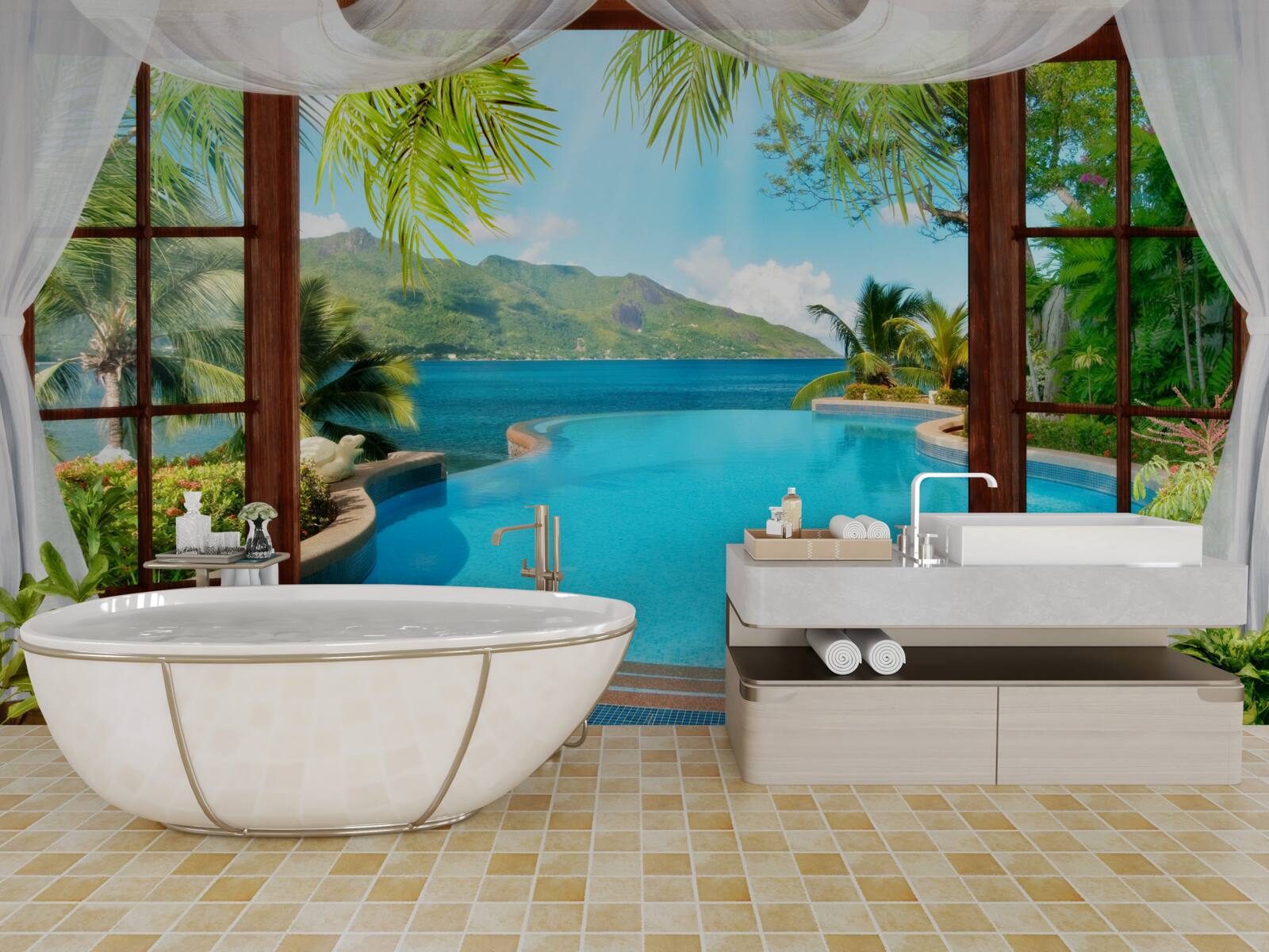 Fototapeta bazén na terase s nádherným výhľadom na hory