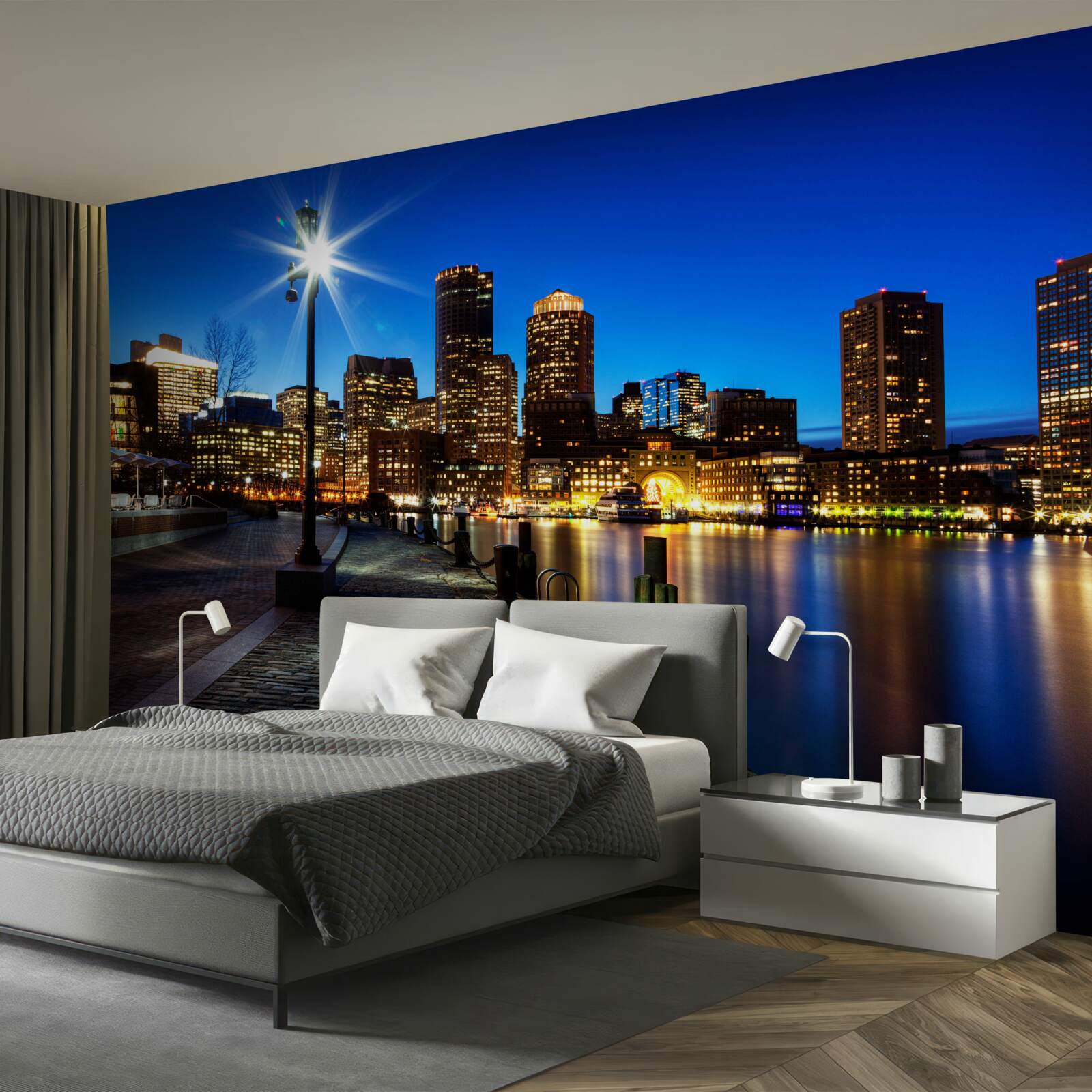 Fototapeta opustené nábrežie osvetlené svetlami nočného mesta