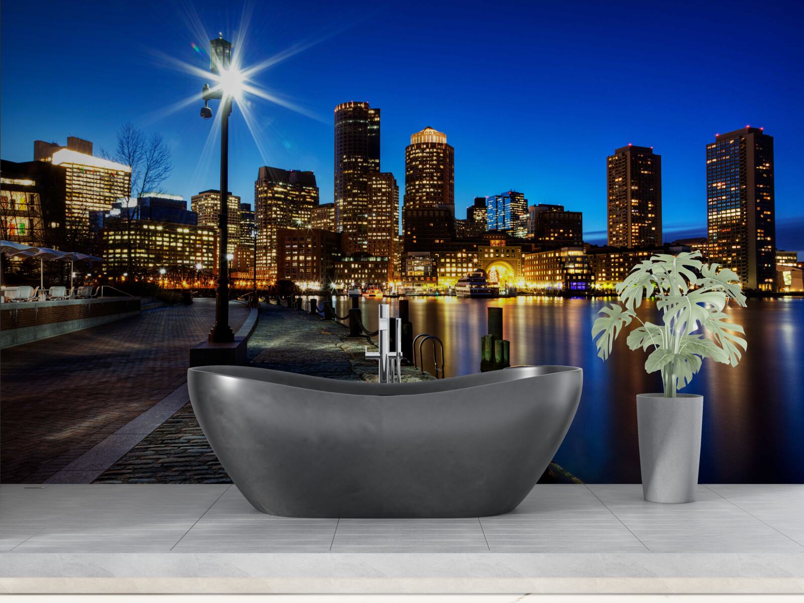 Fototapeta opustené nábrežie osvetlené svetlami nočného mesta