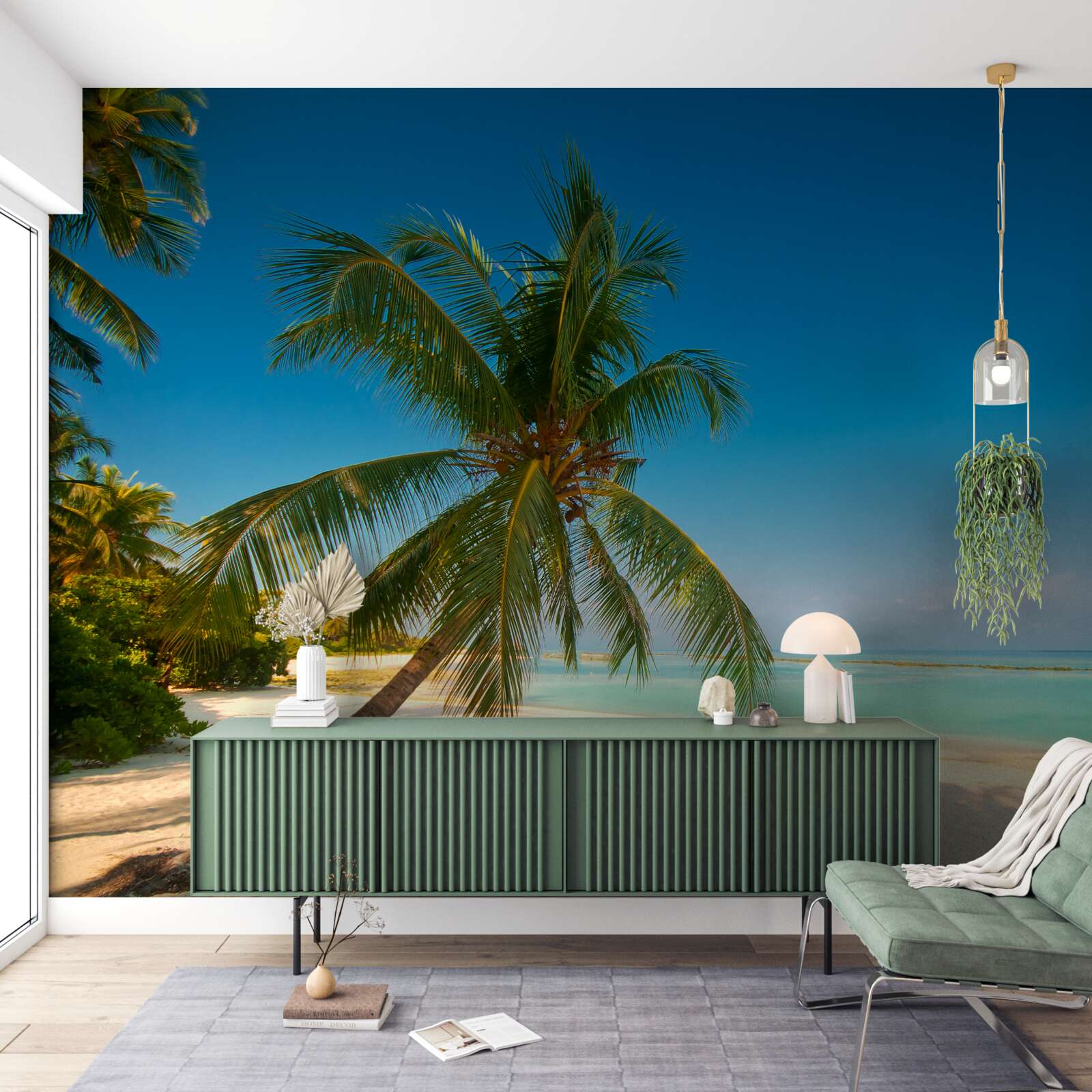 Fototapeta hojdacia sieť natiahnutá pod palmou na tropickom pobreží