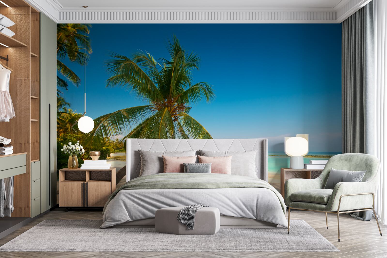 Fototapeta hojdacia sieť natiahnutá pod palmou na tropickom pobreží