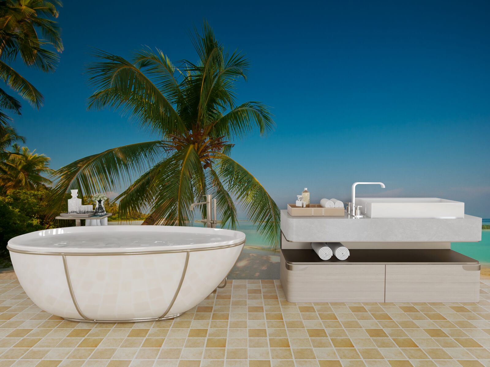 Fototapeta hojdacia sieť natiahnutá pod palmou na tropickom pobreží