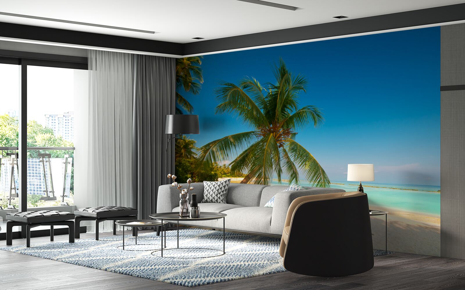 Fototapeta hojdacia sieť natiahnutá pod palmou na tropickom pobreží