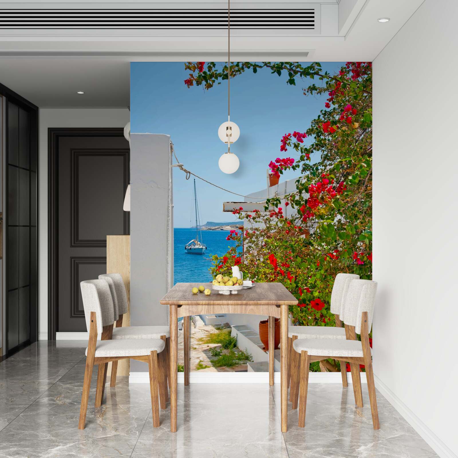 Fototapeta červená farba z granátového jablka sa cení na stenách bielych domov