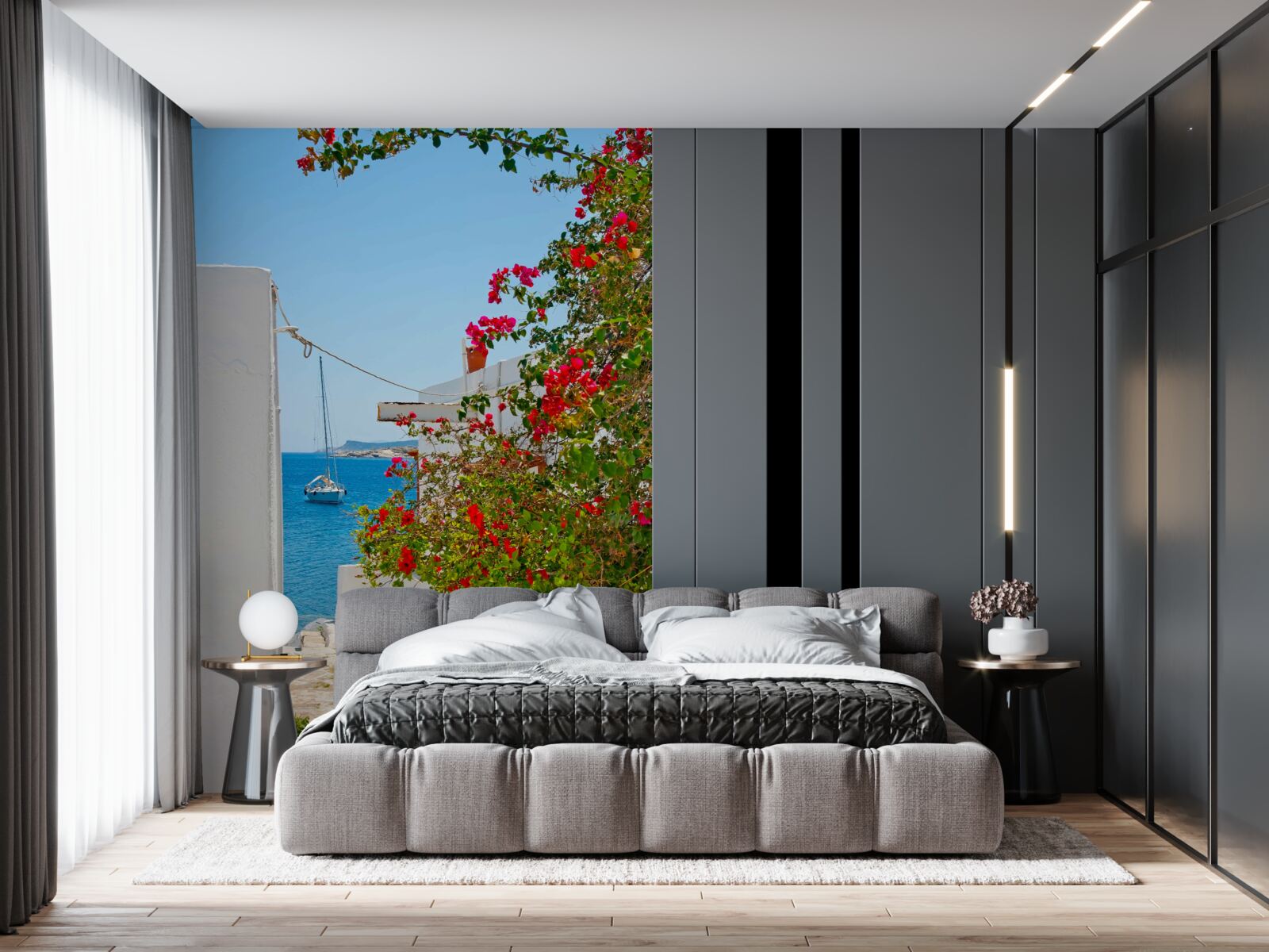 Fototapeta červená farba z granátového jablka sa cení na stenách bielych domov