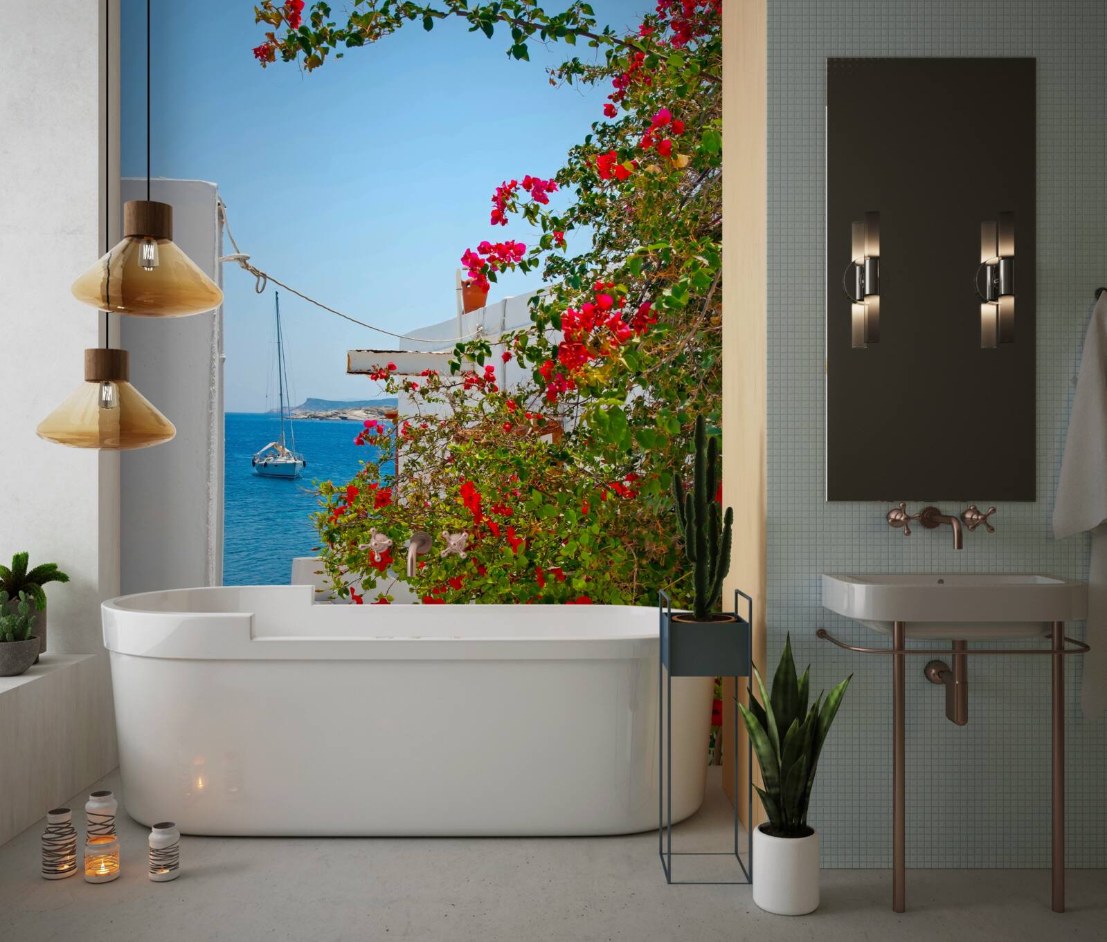 Fototapeta červená farba z granátového jablka sa cení na stenách bielych domov