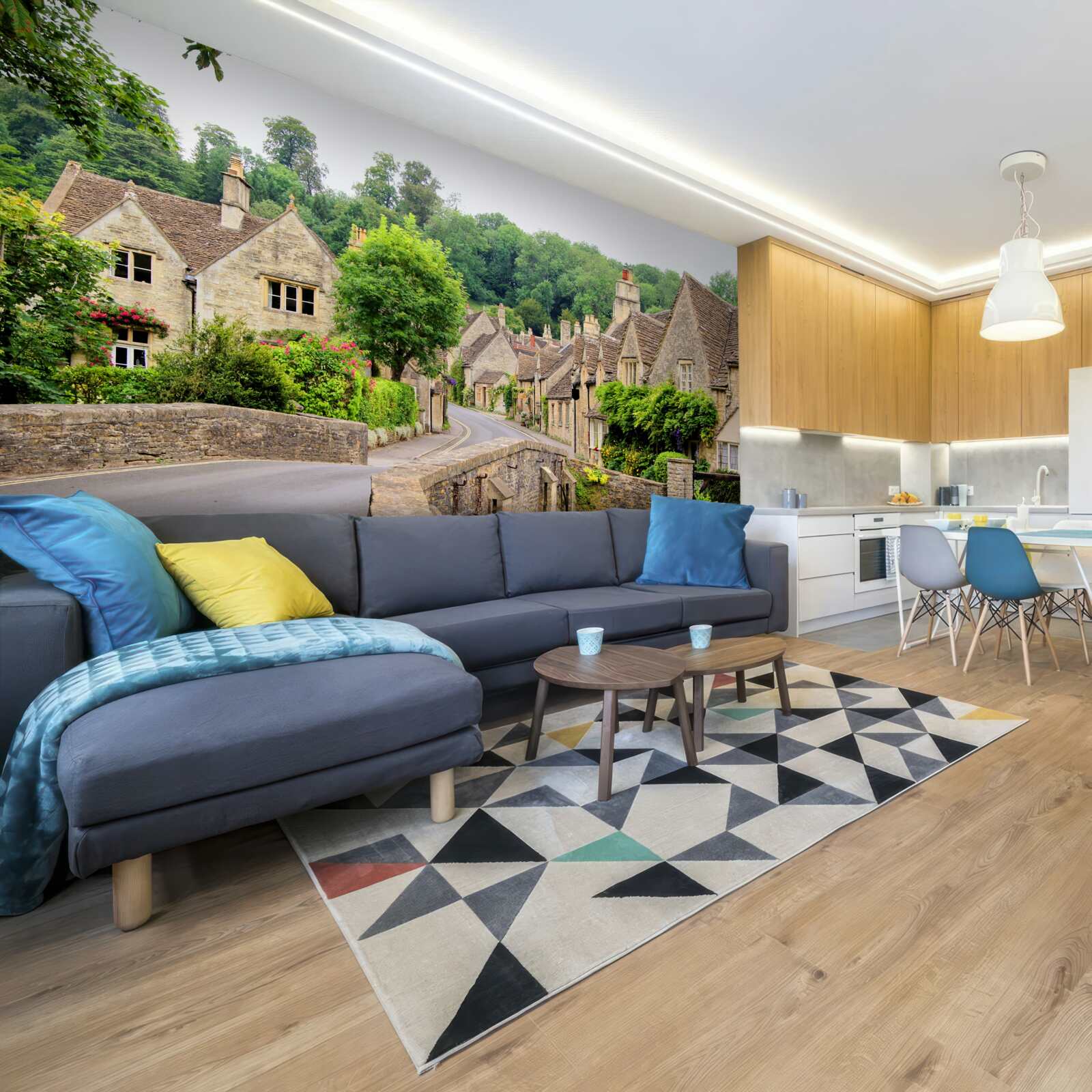 Fototapeta staré budovy so zeleným mechanikom a mostami