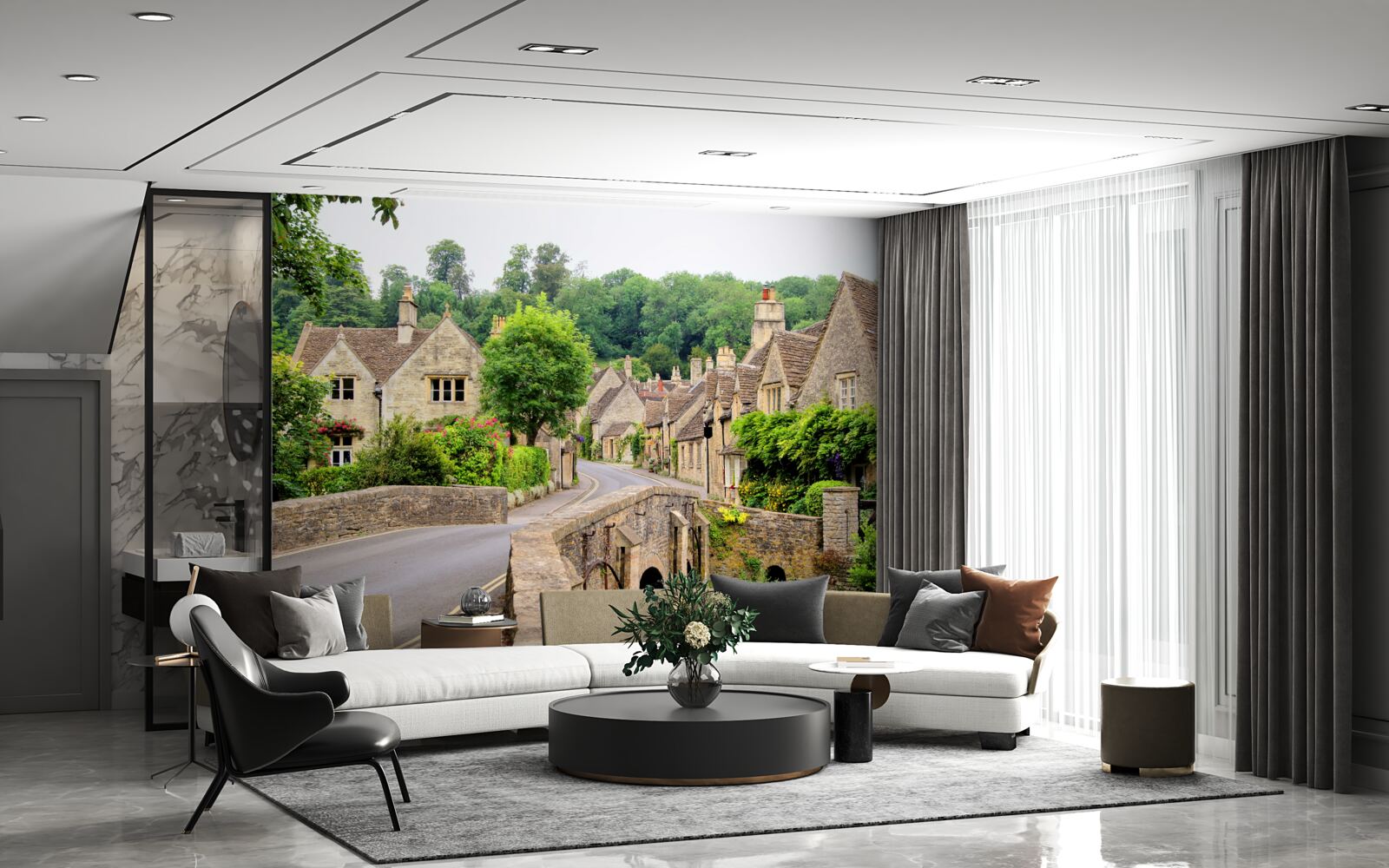 Fototapeta staré budovy so zeleným mechanikom a mostami